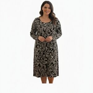Kim Rogers Curvy 3X Black And Off-White Floral Print Shift Dress 3/4 Sleeve